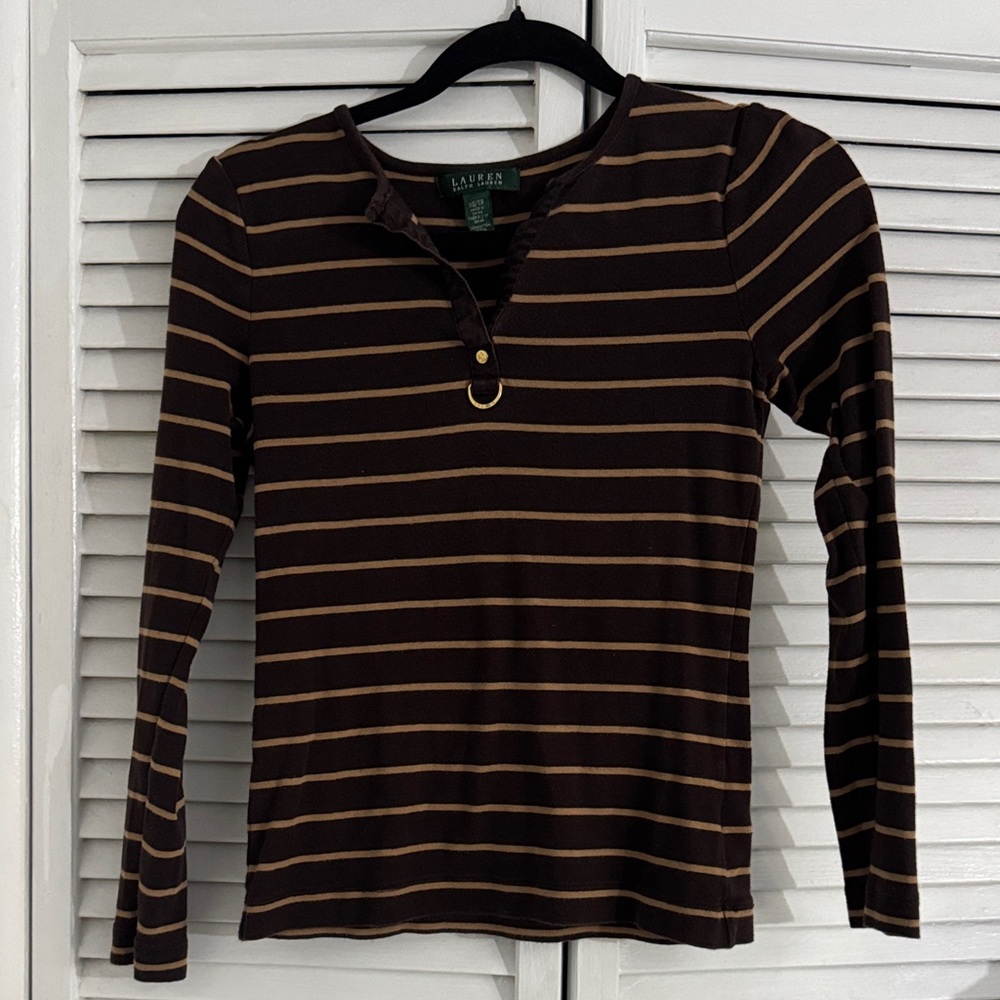 Ralph Lauren Chocolate and Tan Striped Long Sleeve Top